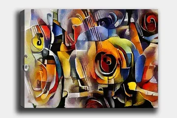 Canvastavla 70x100 cm - Abstrakt komposition med gitarrer och rosor i livliga färger - Röd / Gul / Blå - Inredning - Tavlor & posters - Canvastavla