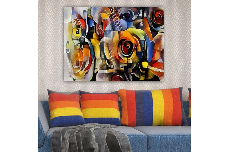 Canvastavla 70x100 cm - Abstrakt komposition med gitarrer och rosor i livliga färger - Röd / Gul / Blå - Inredning - Tavlor & posters - Canvastavla