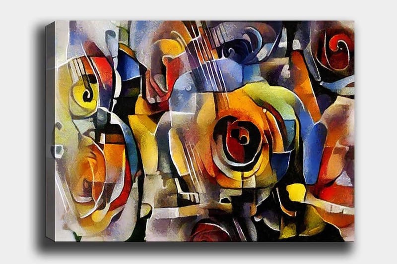 Canvastavla 70x100 cm - Abstrakt komposition med gitarrer och rosor i livliga färger, Röd / Gul / Blå