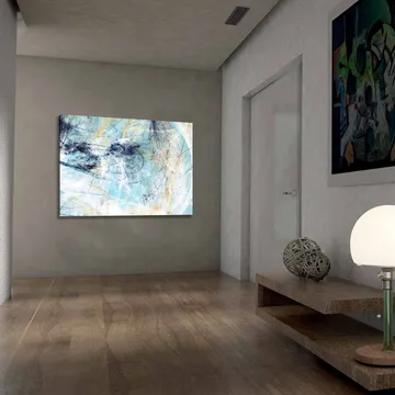 Canvastavla 70x100 cm - Abstrakt komposition med inslag av blått och ljusa toner som skapar en känsla av rörelse - Blå / Vit / Ljusgul - Inredning - Tavlor & posters - Canvastavla