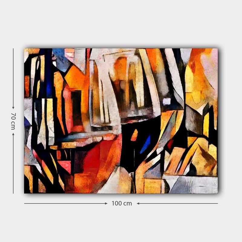 Canvastavla 70x100 cm - Abstrakt komposition med inslag av glas och geometriska former - Orange / Svart / Gult - Inredning - Tavlor & posters - Canvastavla