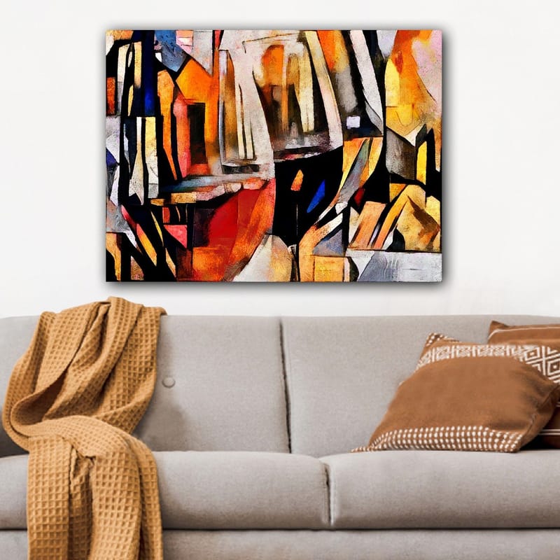 Canvastavla 70x100 cm - Abstrakt komposition med inslag av glas och geometriska former - Orange / Svart / Gult - Inredning - Tavlor & posters - Canvastavla