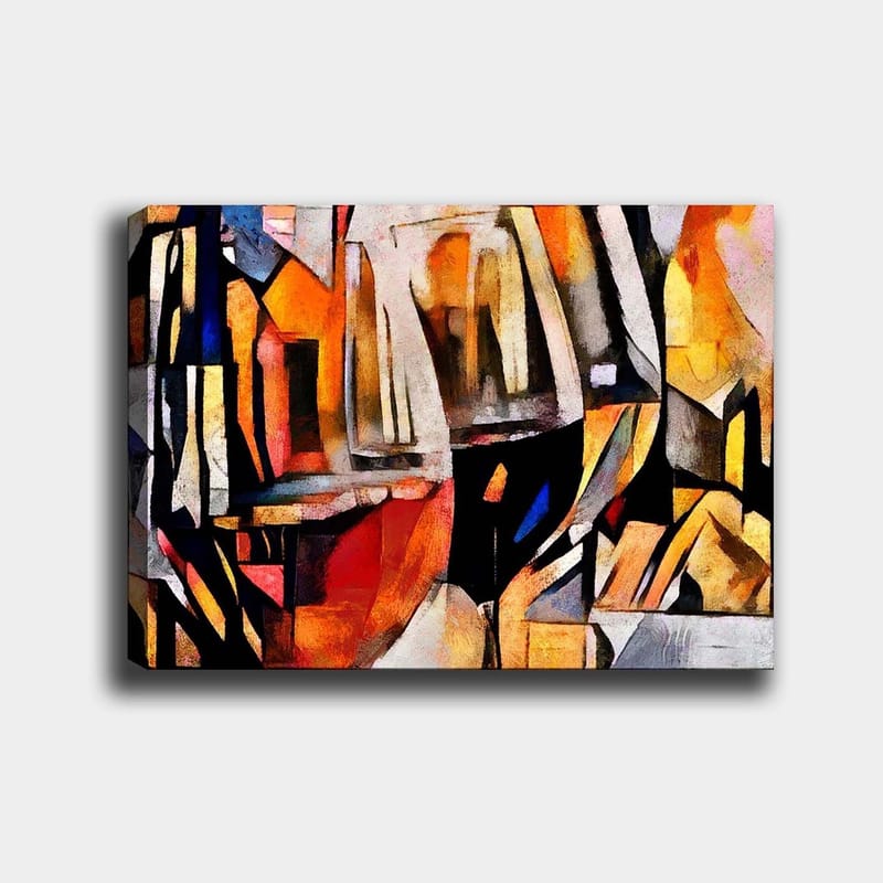 Canvastavla 70x100 cm - Abstrakt komposition med inslag av glas och geometriska former, Orange / Svart / Gult