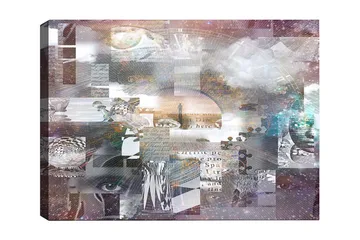 Canvastavla 70x100 cm - Abstrakt komposition med inslag av text och olika former som skapar en känsla av djup och mystik - Lila / Grå / Vit - Inredning - Tavlor & posters - Canvastavla