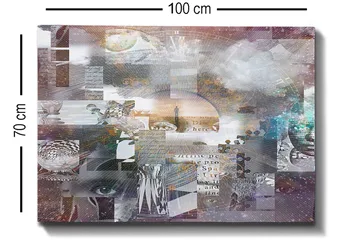 Canvastavla 70x100 cm - Abstrakt komposition med inslag av text och olika former som skapar en känsla av djup och mystik - Lila / Grå / Vit - Inredning - Tavlor & posters - Canvastavla