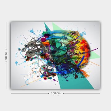 Canvastavla 70x100 cm - Abstrakt komposition med kugghjul och färgglada sprutningar som symboliserar rörelse och teknik - Turkos / Röd / Lila - Inredning - Tavlor & posters - Canvastavla