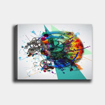 Canvastavla 70x100 cm - Abstrakt komposition med kugghjul och färgglada sprutningar som symboliserar rörelse och teknik - Turkos / Röd / Lila - Inredning - Tavlor & posters - Canvastavla