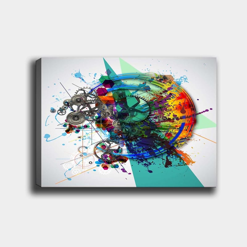 Canvastavla 70x100 cm - Abstrakt komposition med kugghjul och färgglada sprutningar som symboliserar rörelse och teknik - Turkos / Röd / Lila - Inredning - Tavlor & posters - Canvastavla