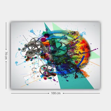 Canvastavla 70x100 cm - Abstrakt komposition med kugghjul och färgglada sprutningar som symboliserar rörelse och teknik - Turkos / Röd / Lila - Inredning - Tavlor & posters - Canvastavla