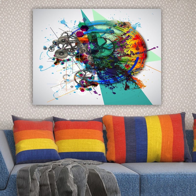 Canvastavla 70x100 cm - Abstrakt komposition med kugghjul och färgglada sprutningar som symboliserar rörelse och teknik - Turkos / Röd / Lila - Inredning - Tavlor & posters - Canvastavla