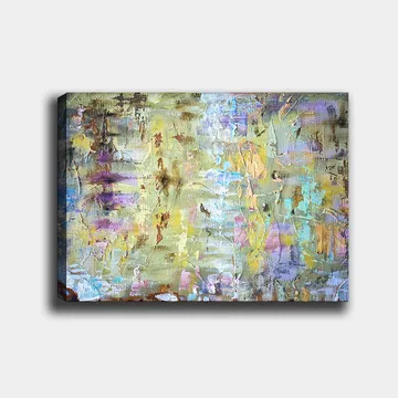 Canvastavla 70x100 cm - Abstrakt komposition med mjuka färgövergångar och texturer som skapar en drömlik atmosfär - Ljusgrön / Lila / Beige - Inredning - Tavlor & posters - Canvastavla
