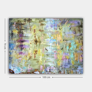 Canvastavla 70x100 cm - Abstrakt komposition med mjuka färgövergångar och texturer som skapar en drömlik atmosfär - Ljusgrön / Lila / Beige - Inredning - Tavlor & posters - Canvastavla