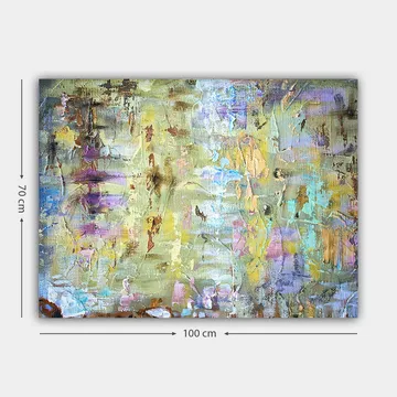 Canvastavla 70x100 cm - Abstrakt komposition med mjuka färgövergångar och texturer som skapar en drömlik atmosfär - Ljusgrön / Lila / Beige - Inredning - Tavlor & posters - Canvastavla
