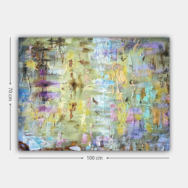 Canvastavla 70x100 cm - Abstrakt komposition med mjuka färgövergångar och texturer som skapar en drömlik atmosfär - Ljusgrön / Lila / Beige - Inredning - Tavlor & posters - Canvastavla
