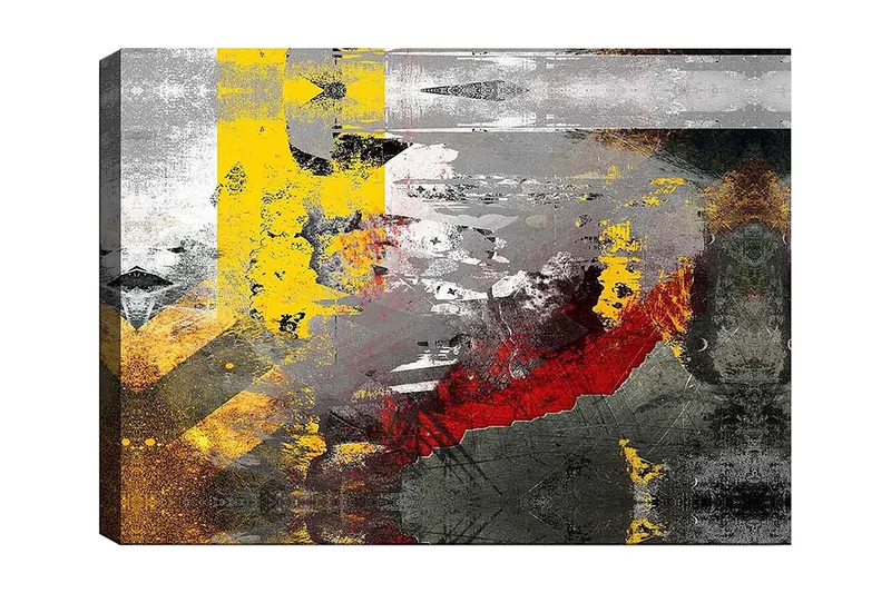 Canvastavla 70x100 cm - Abstrakt komposition med starka färger och dynamiska former, Gul / Röd / Grå
