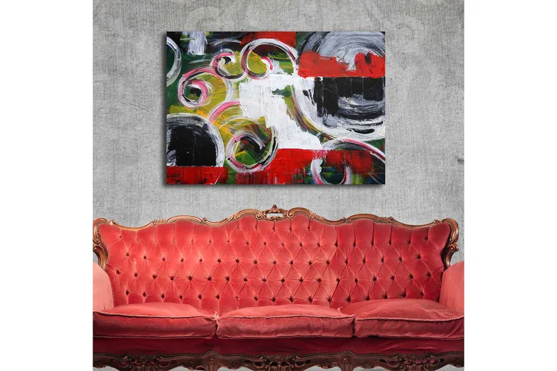 Canvastavla 70x100 cm - Abstrakt komposition med svarta cirklar och spiralformer i kontrasterande färger - Röd / Svart / Vit - Inredning - Tavlor & posters - Canvastavla