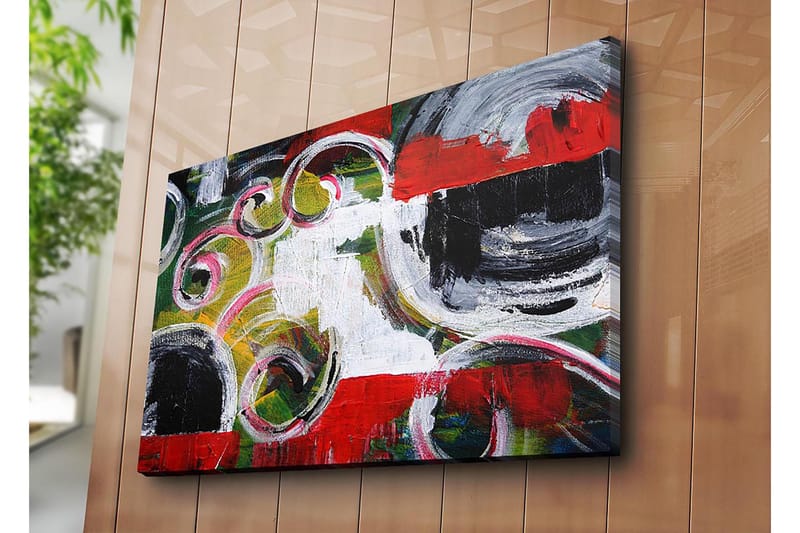 Canvastavla 70x100 cm - Abstrakt komposition med svarta cirklar och spiralformer i kontrasterande färger - Röd / Svart / Vit - Inredning - Tavlor & posters - Canvastavla