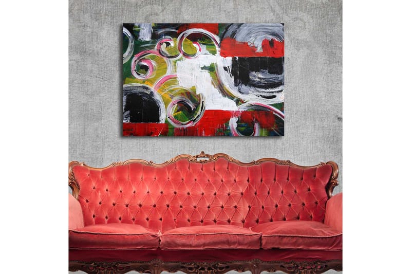 Canvastavla 70x100 cm - Abstrakt komposition med svarta cirklar och spiralformer i kontrasterande färger - Röd / Svart / Vit - Inredning - Tavlor & posters - Canvastavla