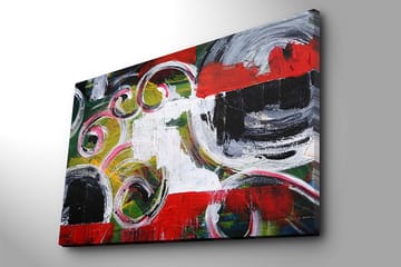 Canvastavla 70x100 cm - Abstrakt komposition med svarta cirklar och spiralformer i kontrasterande färger - Röd / Svart / Vit - Inredning - Tavlor & posters - Canvastavla