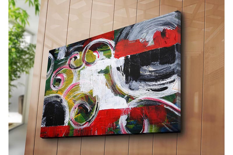 Canvastavla 70x100 cm - Abstrakt komposition med svarta cirklar och spiralformer i kontrasterande färger - Röd / Svart / Vit - Inredning - Tavlor & posters - Canvastavla