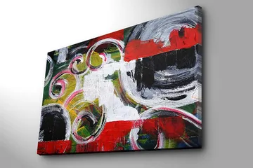 Canvastavla 70x100 cm - Abstrakt komposition med svarta cirklar och spiralformer i kontrasterande färger - Röd / Svart / Vit - Inredning - Tavlor & posters - Canvastavla