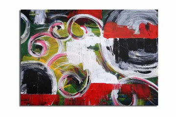 Canvastavla 70x100 cm - Abstrakt komposition med svarta cirklar och spiralformer i kontrasterande färger - Röd / Svart / Vit - Inredning - Tavlor & posters - Canvastavla