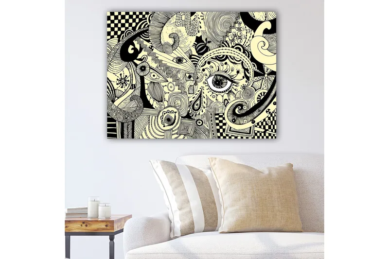 Canvastavla 70x100 cm - Abstrakt komposition med svarta linjer och mönster på en ljus bakgrund, Svart / Ljusgul