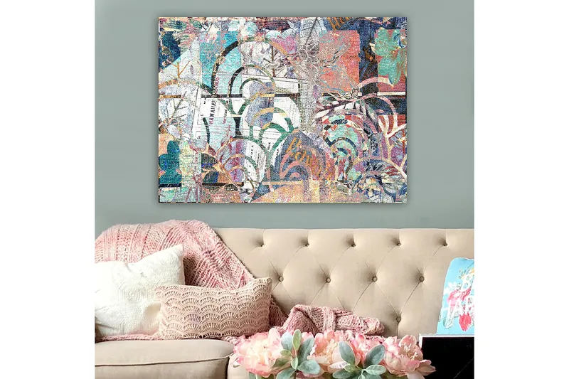 Canvastavla 70x100 cm - Abstrakt komposition med växtmotiv och texturer som skapar en känsla av djup och rörelse - Turkos / Röd / Grön - Inredning - Tavlor & posters - Canvastavla