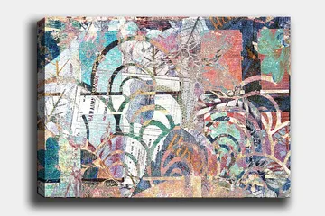 Canvastavla 70x100 cm - Abstrakt komposition med växtmotiv och texturer som skapar en känsla av djup och rörelse - Turkos / Röd / Grön - Inredning - Tavlor & posters - Canvastavla