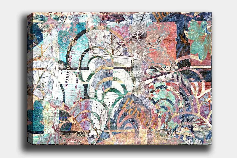 Canvastavla 70x100 cm - Abstrakt komposition med växtmotiv och texturer som skapar en känsla av djup och rörelse, Turkos / Röd / Grön