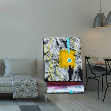 Canvastavla 70x100 cm - Abstrakt konst med en central gul fyrkant och en blå cirkel, omgiven av svarta och vita linjer - Gul / Svart / Blå - Inredning - Tavlor & posters - Canvastavla