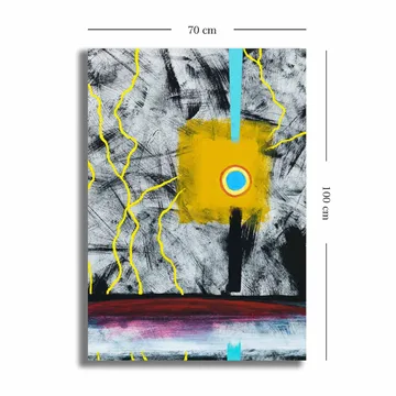 Canvastavla 70x100 cm - Abstrakt konst med en central gul fyrkant och en blå cirkel, omgiven av svarta och vita linjer - Gul / Svart / Blå - Inredning - Tavlor & posters - Canvastavla