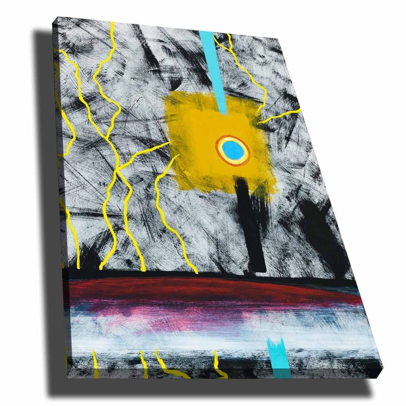 Canvastavla 70x100 cm - Abstrakt konst med en central gul fyrkant och en blå cirkel, omgiven av svarta och vita linjer - Gul / Svart / Blå - Inredning - Tavlor & posters - Canvastavla