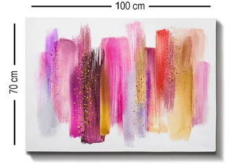 Canvastavla 70x100 cm - Abstrakt konst med färgglada penseldrag i rosa och guldtoner - Rosa / Guld / Röd - Inredning - Tavlor & posters - Canvastavla