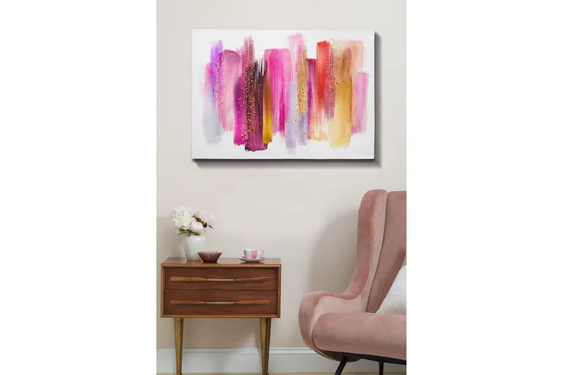 Canvastavla 70x100 cm - Abstrakt konst med färgglada penseldrag i rosa och guldtoner, Rosa / Guld / Röd