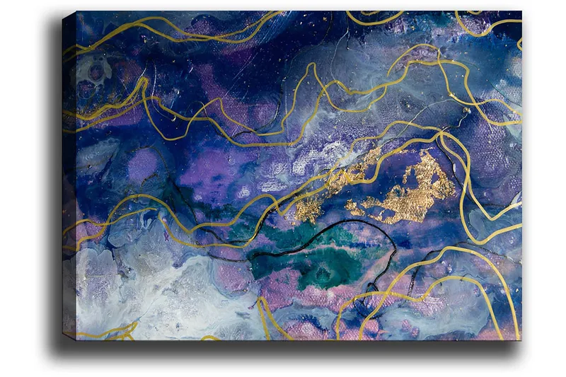 Canvastavla 70x100 cm - Abstrakt konst med flödande former i djupa blå och lila nyanser - Mörkblå / Lila / Guld - Inredning - Tavlor & posters - Canvastavla