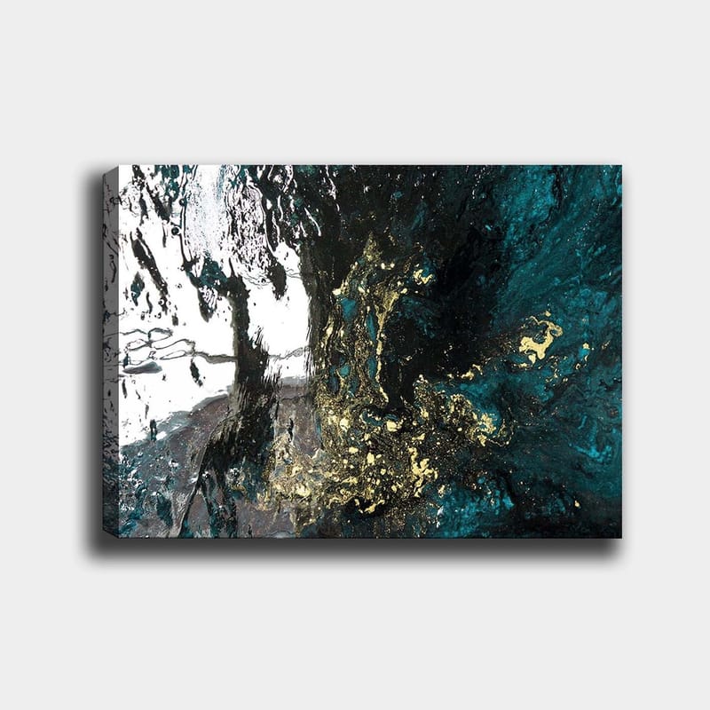 Canvastavla 70x100 cm - Abstrakt konst med flödande former i djupblå och guldiga nyanser, Mörkblå / Guld / Svart