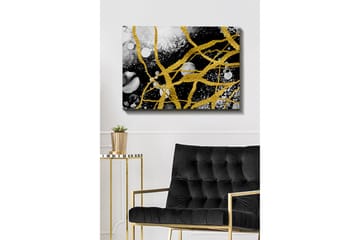Canvastavla 70x100 cm - Abstrakt konst med guldtrådar som skapar dynamiska linjer mot en svart och vit bakgrund - Guld / Svart / Vit - Inredning - Tavlor & posters - Canvastavla