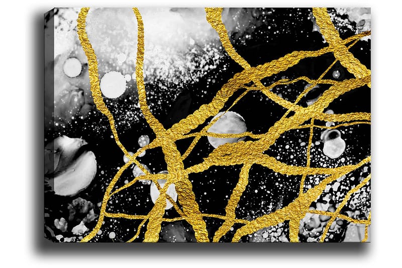 Canvastavla 70x100 cm - Abstrakt konst med guldtrådar som skapar dynamiska linjer mot en svart och vit bakgrund - Guld / Svart / Vit - Inredning - Tavlor & posters - Canvastavla
