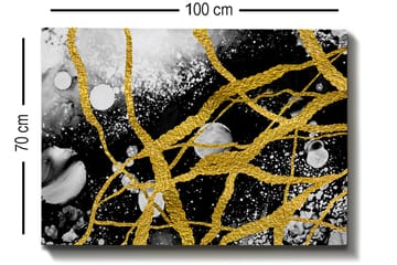Canvastavla 70x100 cm - Abstrakt konst med guldtrådar som skapar dynamiska linjer mot en svart och vit bakgrund - Guld / Svart / Vit - Inredning - Tavlor & posters - Canvastavla