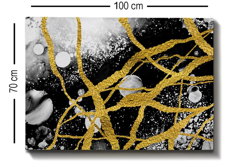 Canvastavla 70x100 cm - Abstrakt konst med guldtrådar som skapar dynamiska linjer mot en svart och vit bakgrund - Guld / Svart / Vit - Inredning - Tavlor & posters - Canvastavla