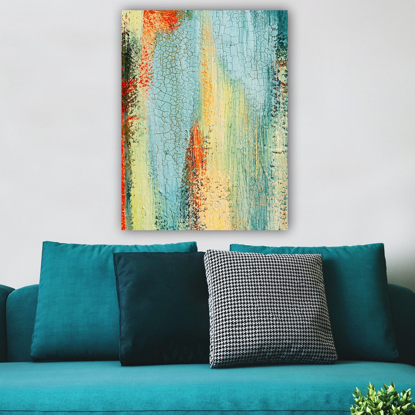 Canvastavla 70x100 cm - Abstrakt konst med inslag av blå och orange nyanser som skapar en dynamisk textur - Blå / Orange / Grön