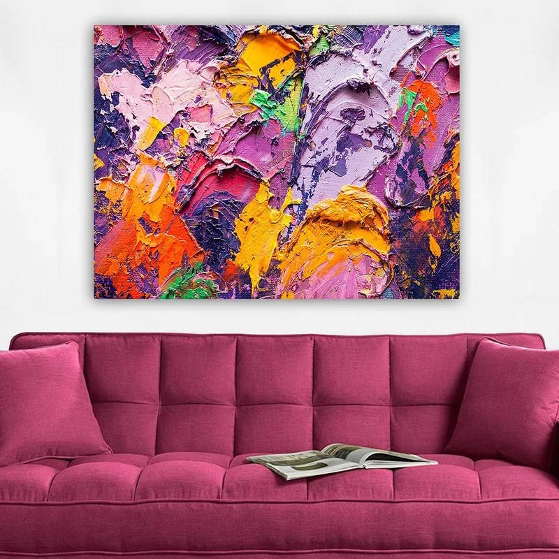 Canvastavla 70x100 cm - Abstrakt konst med livliga färger och texturer som skapar en dynamisk komposition - Lila / Orange / Rosa - Inredning - Tavlor & posters - Canvastavla