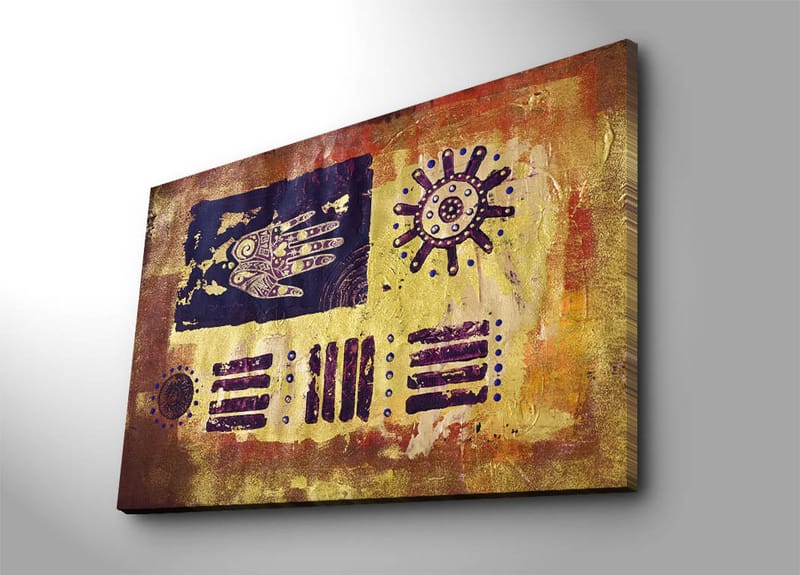 Canvastavla 70x100 cm - Abstrakt konst med symboler och mönster i en färgglad komposition - Guld / Mörkblå / Lila - Inredning - Tavlor & posters - Canvastavla