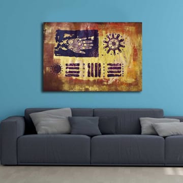 Canvastavla 70x100 cm - Abstrakt konst med symboler och mönster i en färgglad komposition - Guld / Mörkblå / Lila - Inredning - Tavlor & posters - Canvastavla