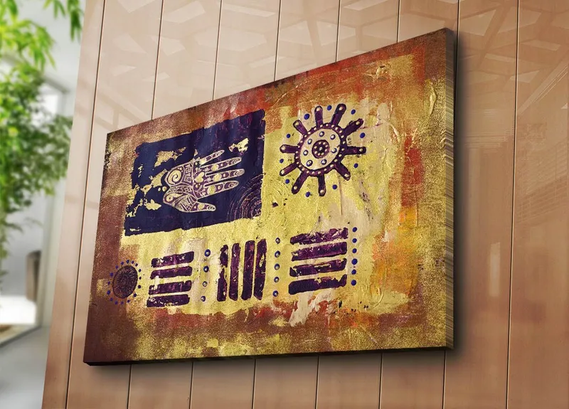 Canvastavla 70x100 cm - Abstrakt konst med symboler och mönster i en färgglad komposition - Guld / Mörkblå / Lila - Inredning - Tavlor & posters - Canvastavla