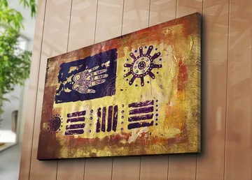 Canvastavla 70x100 cm - Abstrakt konst med symboler och mönster i en färgglad komposition - Guld / Mörkblå / Lila - Inredning - Tavlor & posters - Canvastavla