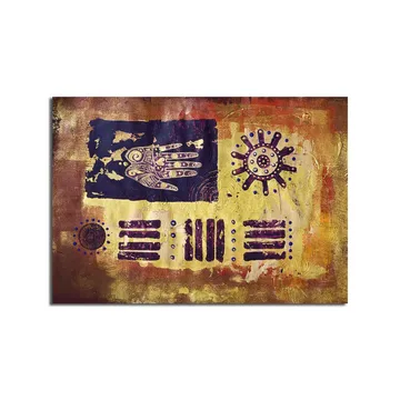 Canvastavla 70x100 cm - Abstrakt konst med symboler och mönster i en färgglad komposition - Guld / Mörkblå / Lila - Inredning - Tavlor & posters - Canvastavla