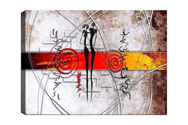 Canvastavla 70x100 cm - Abstrakt konst med två stiliserade figurer som står nära varandra, omgivna av spiraler och linjer, Röd / Svart / Orange