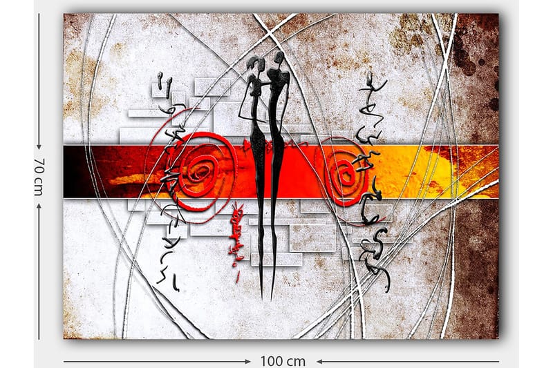Canvastavla 70x100 cm - Abstrakt konst med två stiliserade figurer som står nära varandra, omgivna av spiraler och linjer - Röd / Svart / Orange - Inredning - Tavlor & posters - Canvastavla